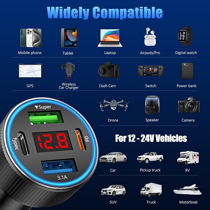 Car Charger with USB C Cable, 78W 4 Port Car Phone Charger Adapter Fast Charging - Image 8