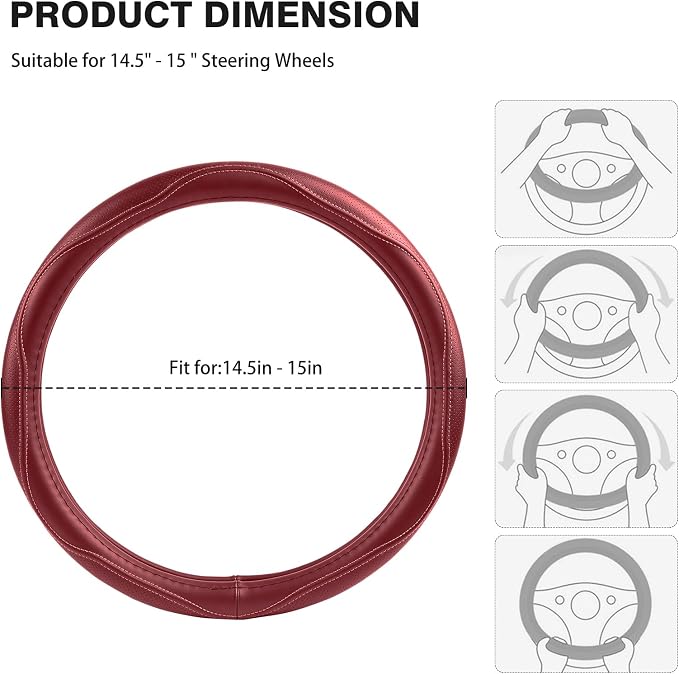 High-Grade Wine Red Genuine Leather Steering Wheel Cover - Image 6