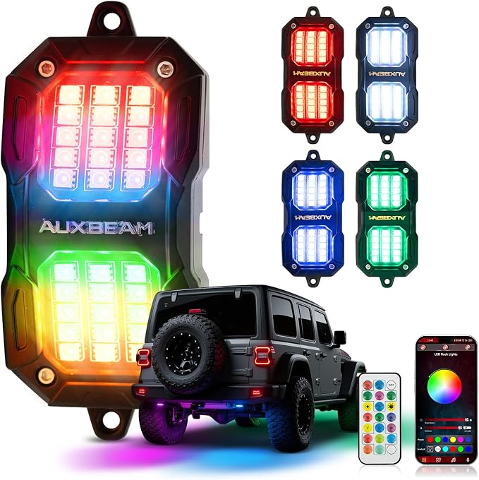 Auxbeam 4 Pods LED Rock Lights w/Brake Mode, Chasing Color RGB Wheel Well by Auxbeam