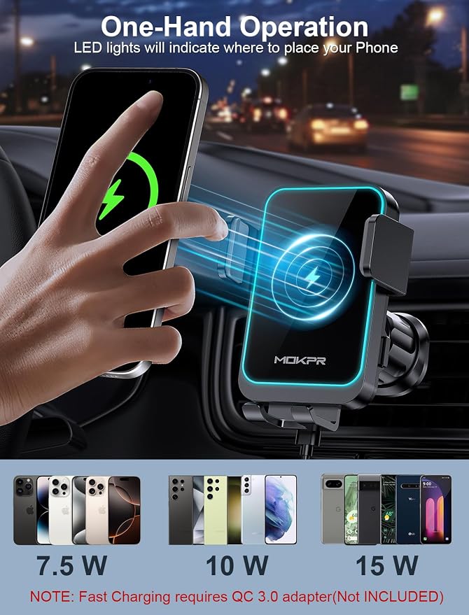 Wireless Car Charger, MOKPR 15W Fast Charging Auto Clamping Air Vent Car Phone - Image 3
