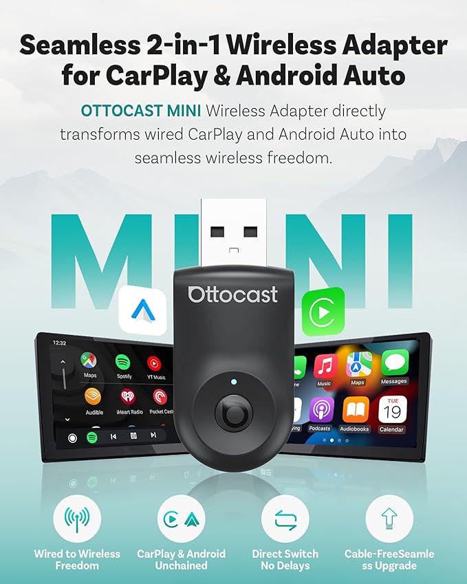 OTTOCAST Mini 2025 Wireless CarPlay & Android Auto 2-in-1 Adapter, Plug & Play - Image 2
