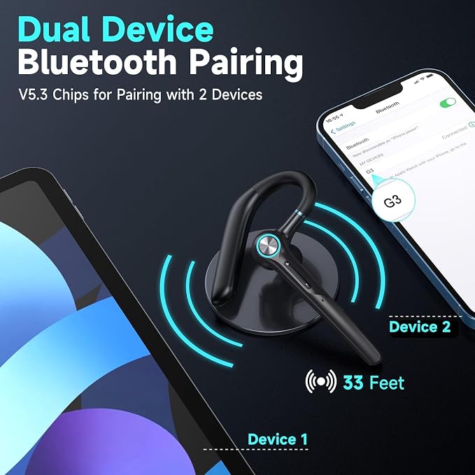 Bluetooth Headset Wireless Earpiece 60Hrs Playback Built-in Dual Mic Noise - Image 5