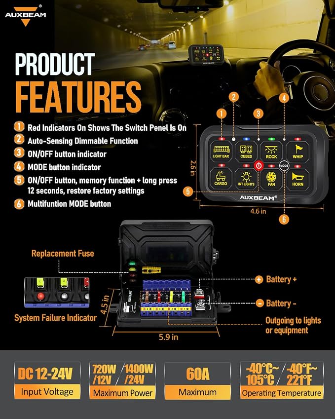 Auxbeam RGB Bluetooth 8 Gang Switch Panel AR-820 Toggle Momentary Pulsed Switch - Image 8