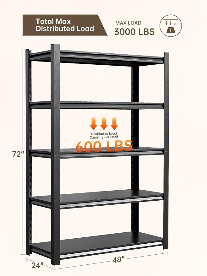 JHYKHG 48" W Storage Shelves, 5-Tier Heavy Duty Garage Shelving, Adjustable - Image 3