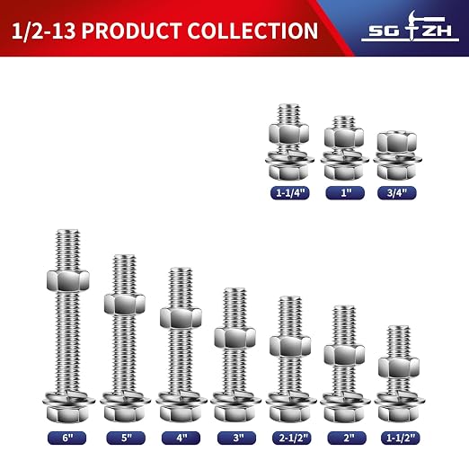 1/2-13 x 1-1/4" Hex Head Screw Bolt, Flat & Lock Washers, Fully Threaded - Image 3