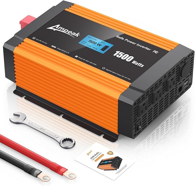 Ampeak 1500W Power Inverter 6.2A Dual USB Ports 3AC Outlets Inverter DC 12V to by Ampeak