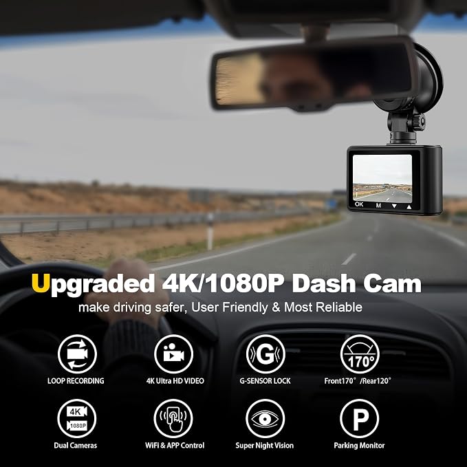 Dash Camera, 4K/1080p Dash Camera Front and Rear, Built-in 5GWiFi, Dash Cam - Image 2