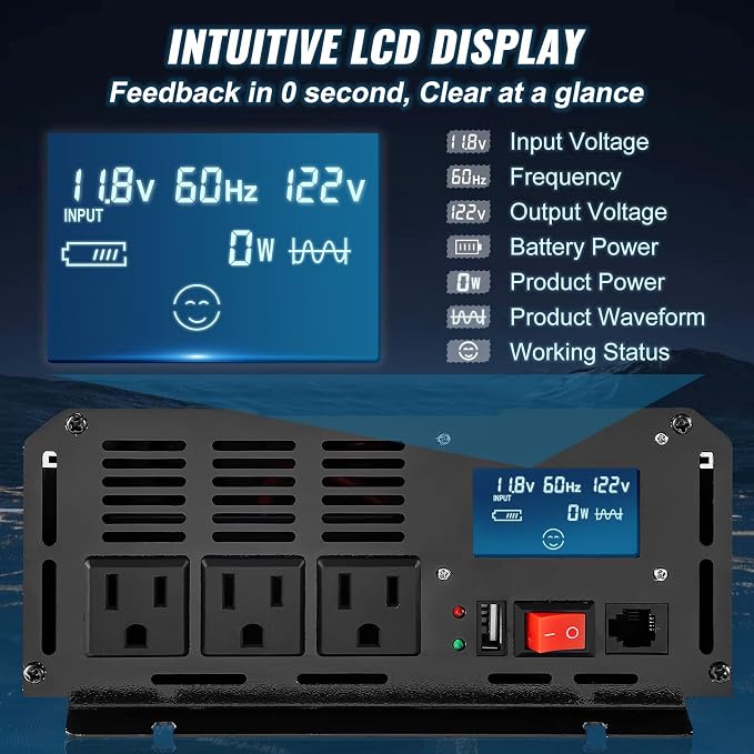 VEVOR 2500W Pure Sine Wave Inverter, 12V DC to 120V AC Car Inverter, 3 AC - Image 3