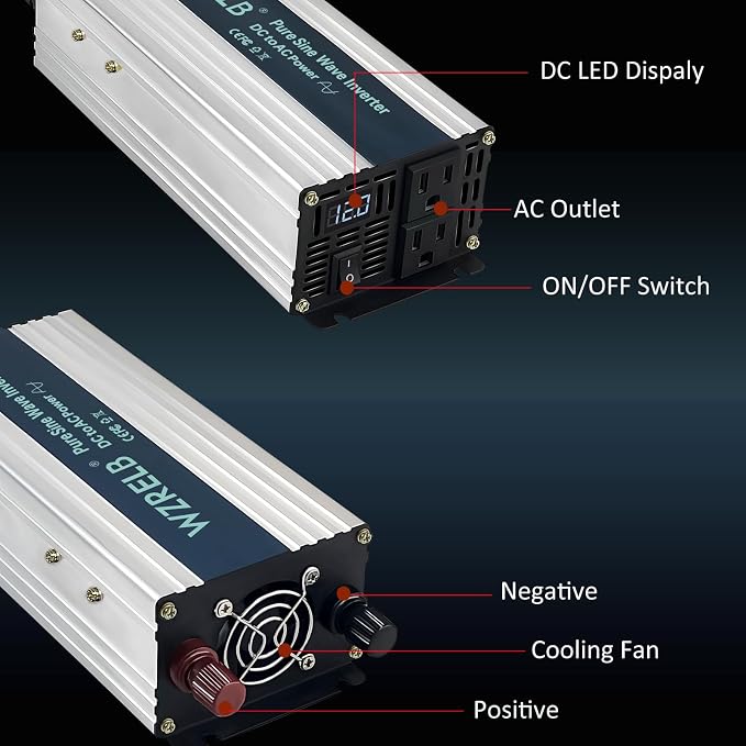 WZRELB 1200W Pure Sine Wave Inverter 24V DC to 110V 120V AC Power Converter - Image 3
