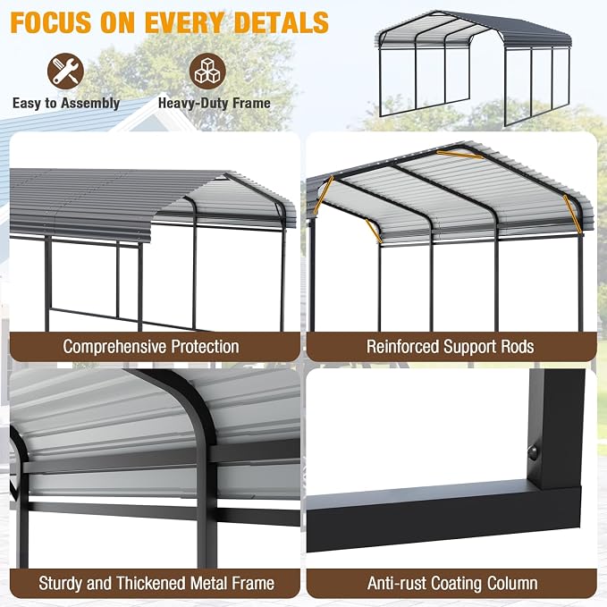 EBE 10 x 15 FT Outdoor Carport, Heavy Duty Metal Carports - Image 3