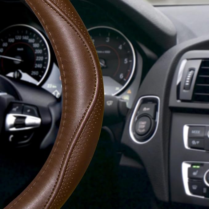 HAOKAY Top Grade Brown Genuine Leather Steering Wheel Cover Men Women, Luxury - Image 3