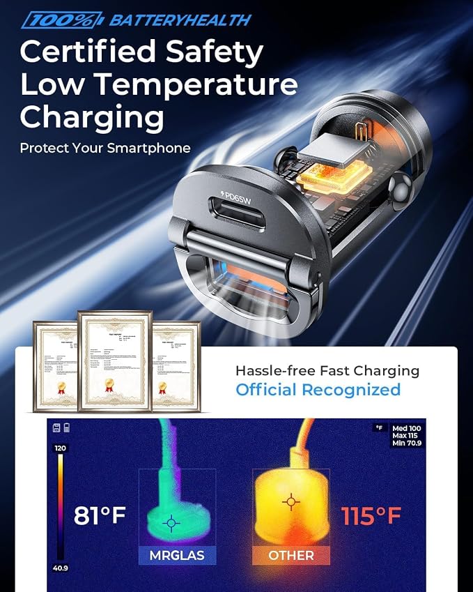 MRGLAS 125W USB C Car Charger, Mini Metal USB C Car Adapter Fast Charging PD65W - Image 6