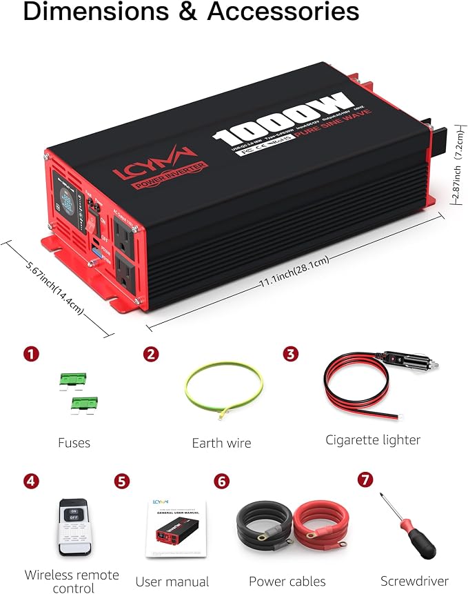 1000 Watts Pure Sine Wave Power Inverter 12V DC to 110V 120V AC Converter - Image 8