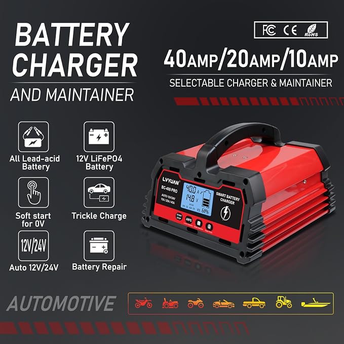 LVYUAN 40Amp Smart Car Battery Charger, 12V/24V Automotive Charger, Lead-Acid - Image 2