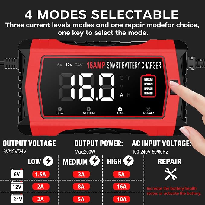 16-Amp Battery Charger, 6V/12V/24V Smart Car Battery Charger, Automotive - Image 5