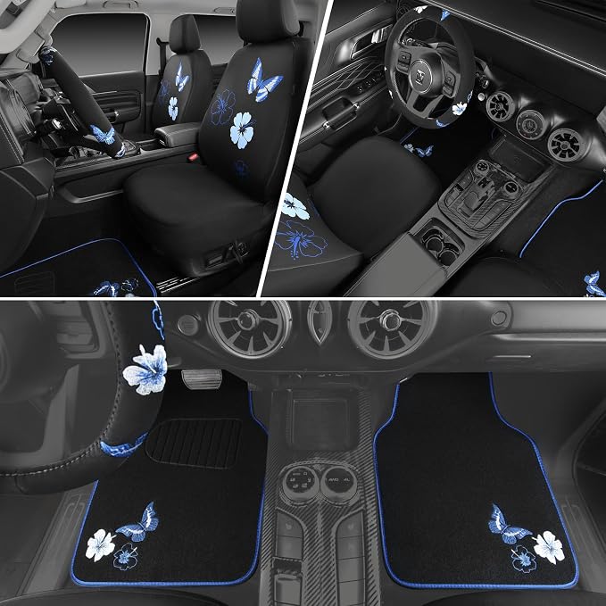 CAR PASS Blue Butterfly Car Seat Covers Full Set, Embroidered Flower Waterproof - Image 3