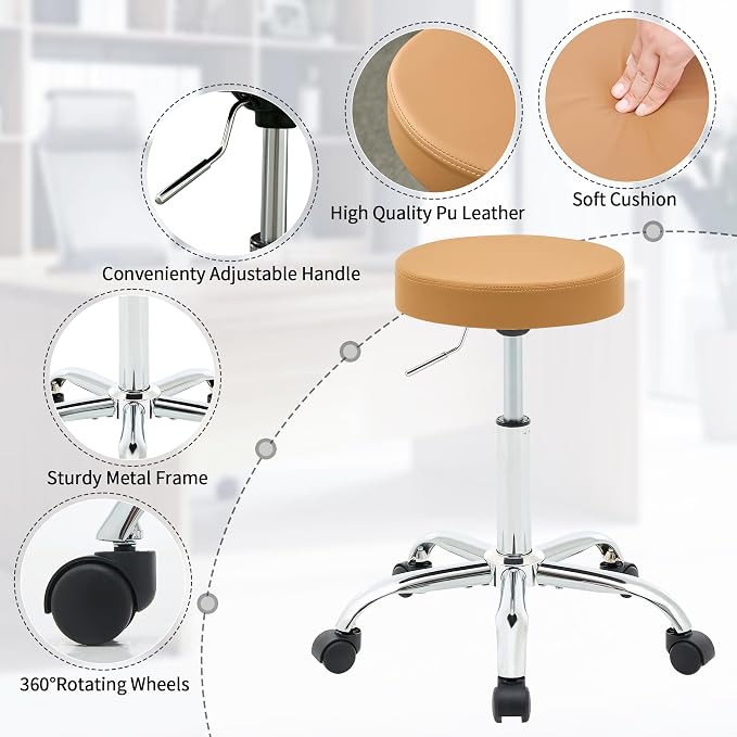Office Desk Chair, Adjustable Swivel Rolling Stool 19.5’’-26.6’’, Camel Brown - Image 4