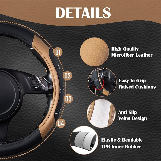 CAR PASS Line Rider Microfiber Leather Sporty 14.5-15 inch Steering Wheel Cover - Image 4