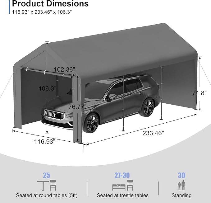 Carport 10x20 Heavy Duty Portable Garage w/Removable Sidewalls & Roll-Up Door - Image 5