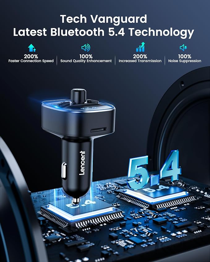 LENCENT Bluetooth 5.4 FM Transmitter Car Adapter 48W Wireless Radio Music - Image 2