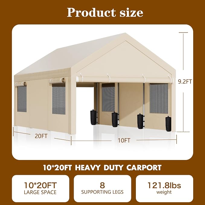 Walsunny Carport, 10x20 ft Heavy Duty Carport Canopy - Image 2