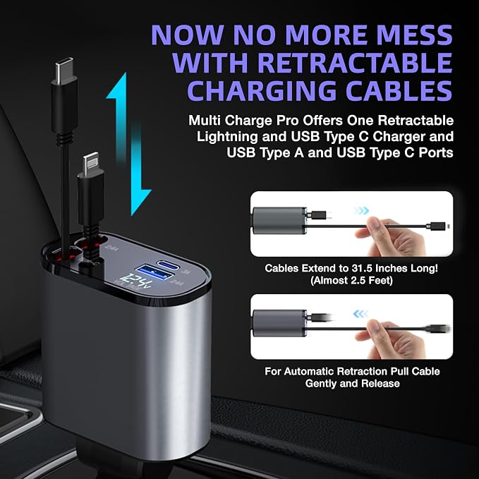 Multi Charge Pro iPhone Car Charger Fast Charging Retractable Car Charger USB C - Image 3