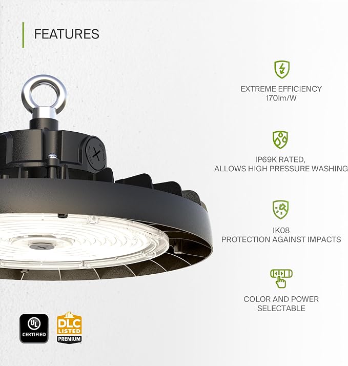 ASD LED High Bay UFO Light Fixture, Commercial Shop Lighting | 3CCT, IP69K - Image 3
