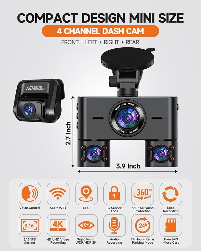 Dash Cam 360°, Dash Camera for Cars Front and Rear Inside, 4 Channel 4K/2K FHD - Image 2