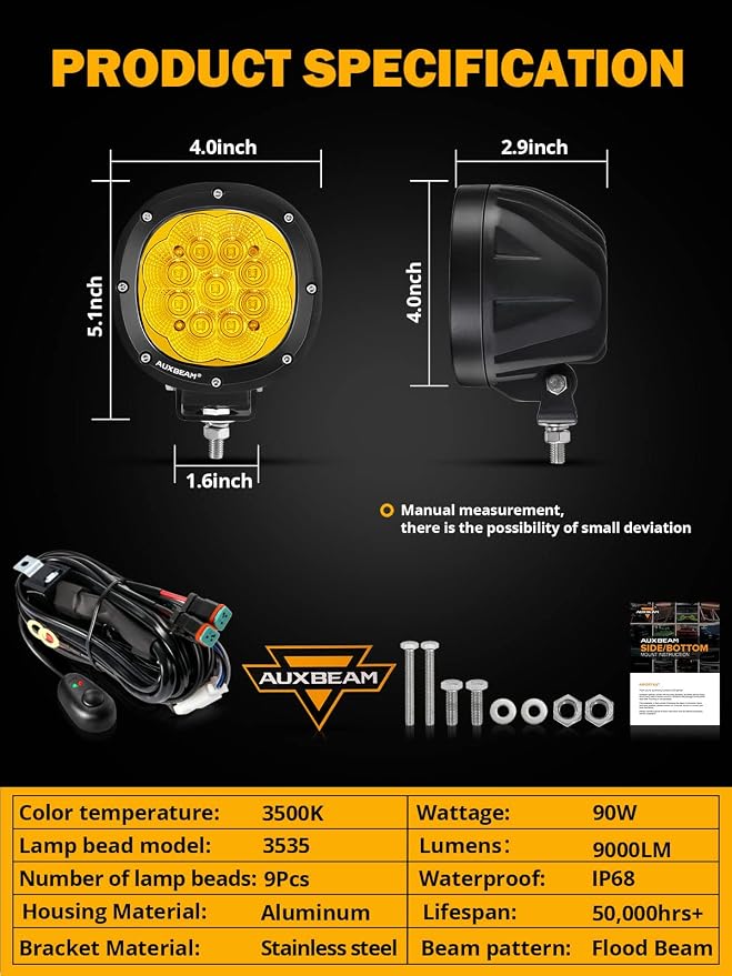 Auxbeam 4 Inch Amber Round LED Driving Light - Image 6