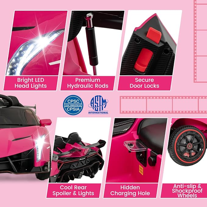 Costzon Pink Lamborghini Ride on Car, 12V Battery Powered 4WD Lambo Kids Car - Image 7