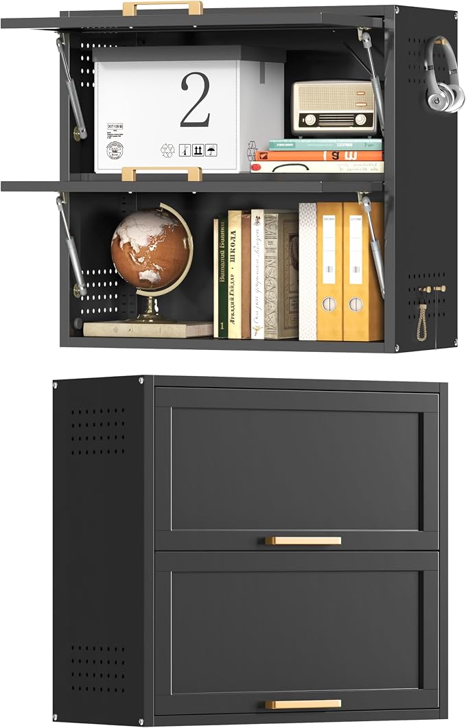 Metal Wall Cabinets with 2 Up-Flip Doors, Floating Steel Wall Mounted by Kooyon