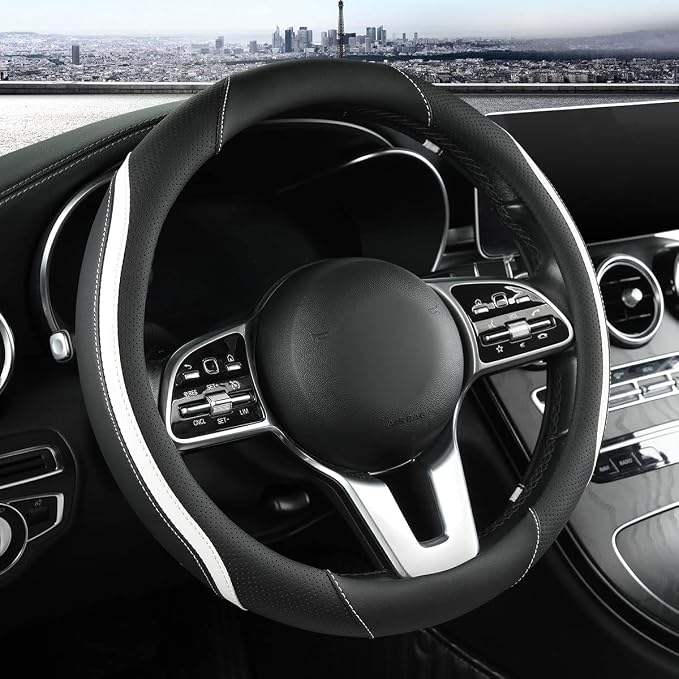 Car Steering Wheel Cover, Leather Steering Wheel Cover White Universal 14.5-15 by Szttswamp