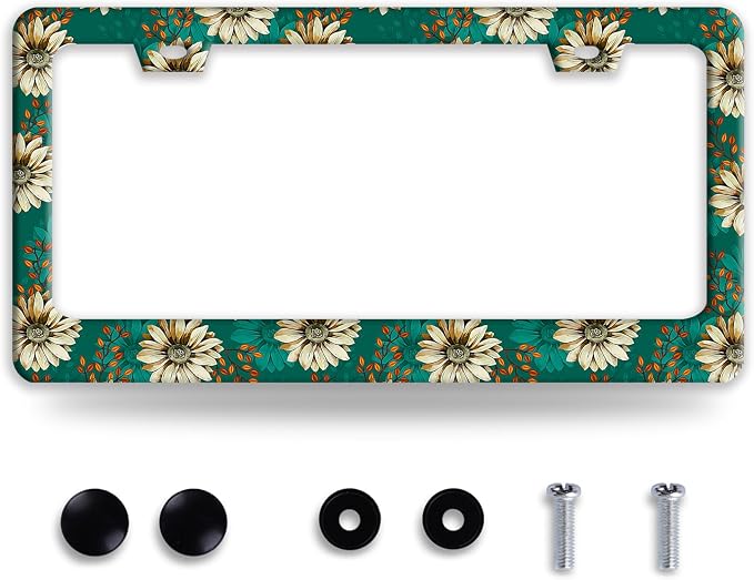 Vintage Daisy Floral License Plate Frame Colorful Flowers License Plate Frames by NINANMY