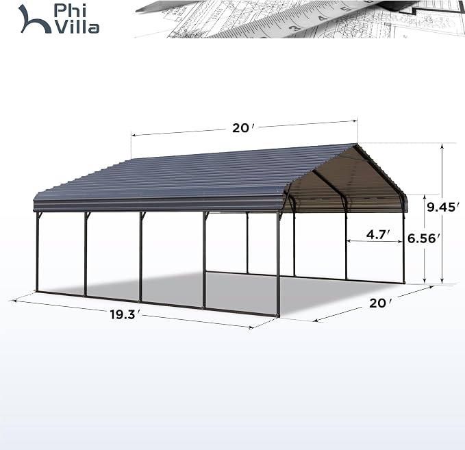 PHI VILLA 2 car Metal Carports 20 x 20 ft Carport - Image 6
