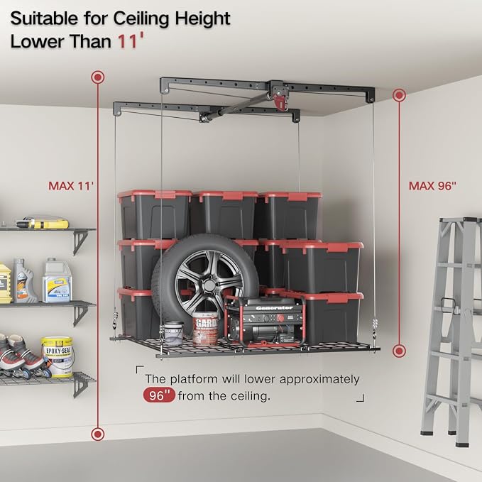 Overhead Garage Storage Lift, Adjustable Heavy-duty 4x4 Ft Ceiling Racks - Image 2