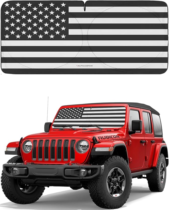 Autoamerics Jeep Wrangler B&W 1-Piece Windshield Sun Shade Foldable Car Front by AutoamericsUS