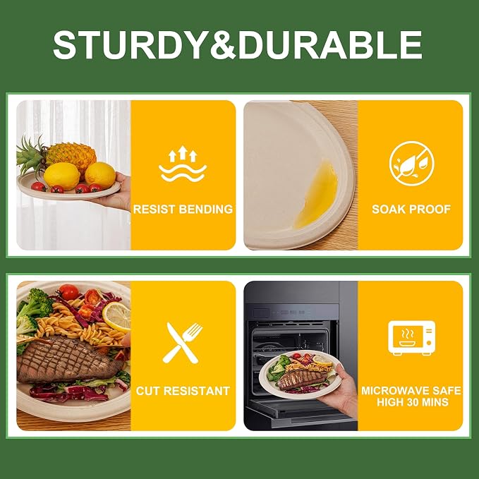 WELLIFE 100% Compostable Paper Plates 10 Inch, Biodegradable Bagasse, - Image 3