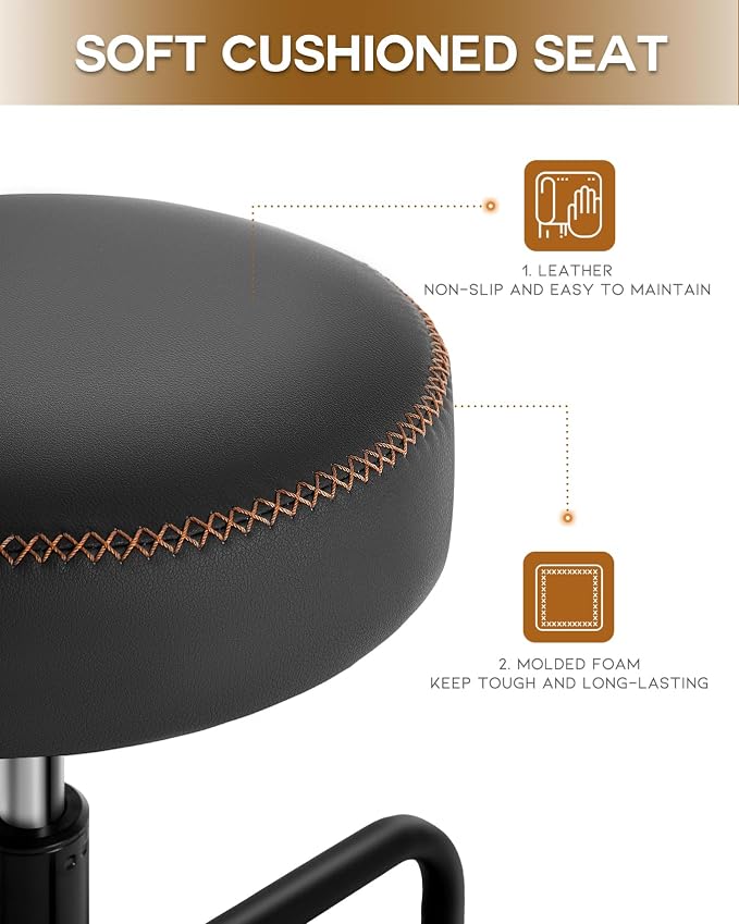 Shop Stool with Lockable Rubber Wheels Adjustable Backrest Tool Tray Storage - Image 4