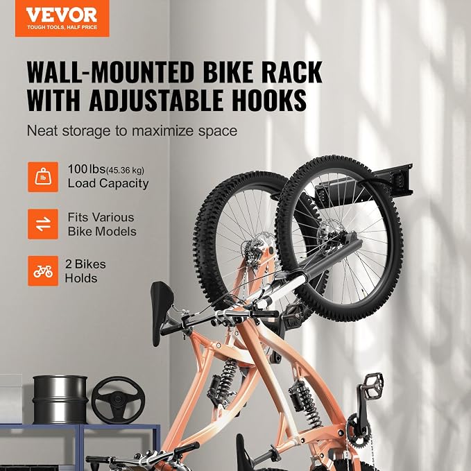 VEVOR Bike Storage Rack, 2 Bike Racks, Wall Mount Bike Storage Hanger, Home and - Image 2