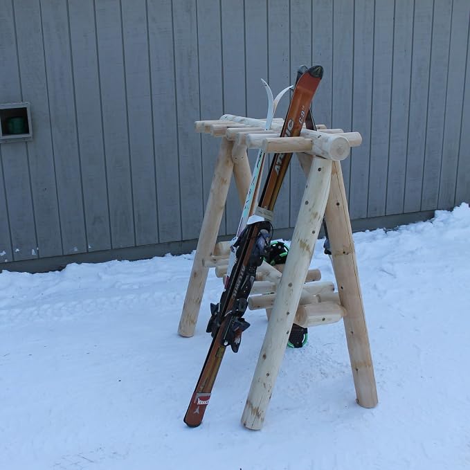 13-Place Freestanding Log Ski Rack Holder, Indoor & Outdoor Snowboard Racks - Image 4