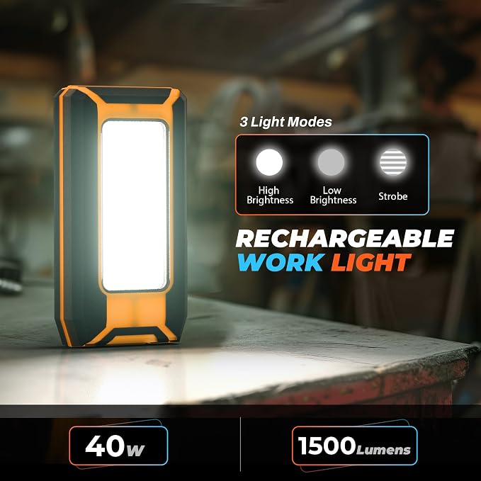 2-Pack LED Rechargeable Magnetic Work Light 40W 1500 Lumens, Hanging Hook - Image 2