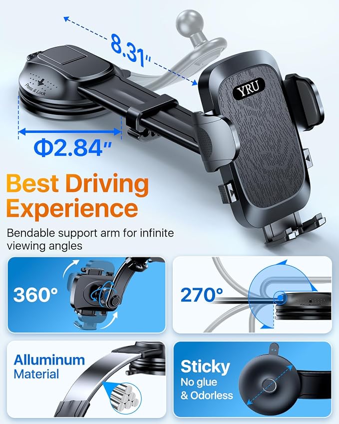 YRU Cell Phone Holder for Car Dashboard Windshield Phone Stand for iPhone 16 15 - Image 6