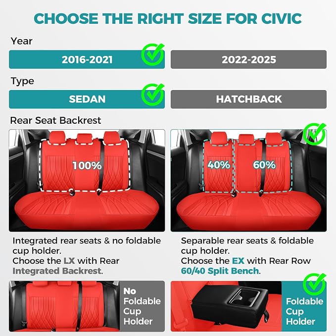 Seat Covers for Honda Civic Sedan EX-L, Sport 2016 2017 2018 2019 2020 2021 - Image 2