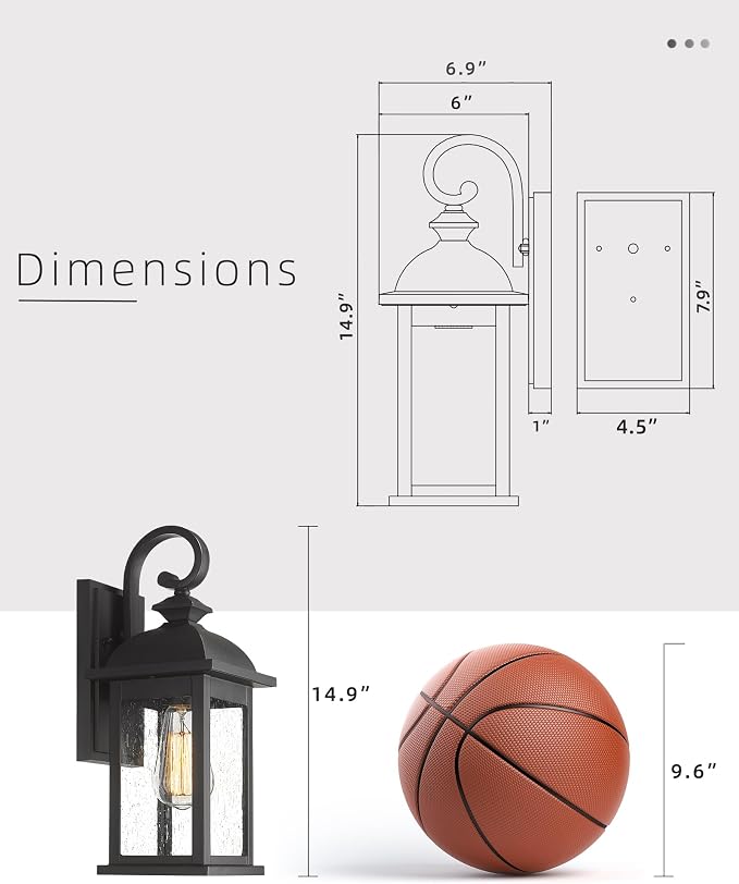 FEMILA Outdoor Wall Sconce, 14.9" Matte Black Seeded Glass Outdoor Sconce Lights - Image 7