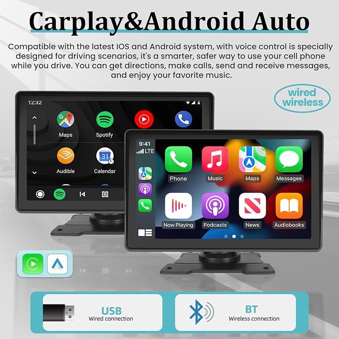 7 Inch Protable Apple Carplay Car Screen, Wireless Android Auto Dash Mount - Image 2