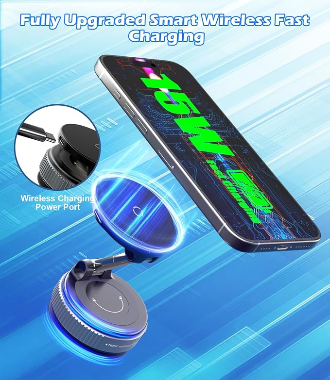15W Wireless Charger Magnetic Car Phone Holder 360° Adjustable & Foldable Car - Image 2
