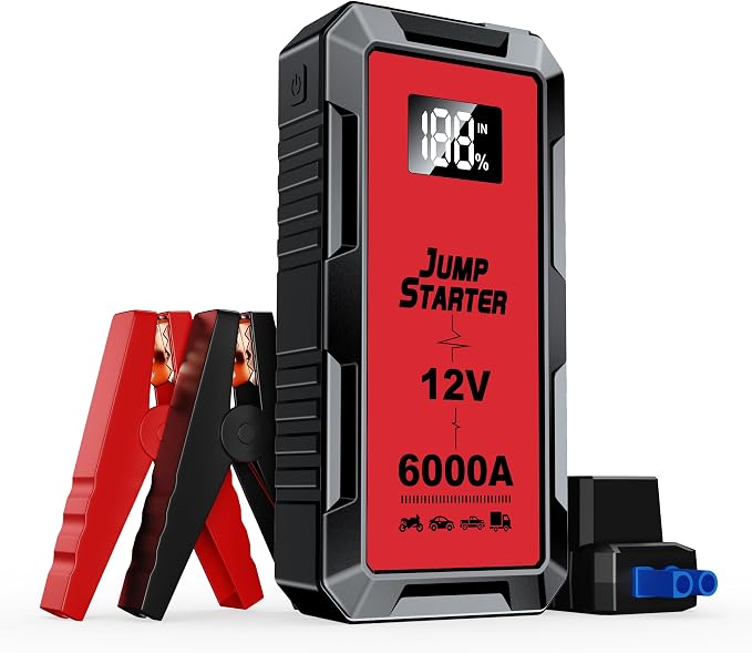 Car Battery Jump Starter with 6000A Peak Smart Clip LCD Display and 3 Modes by Fmooo