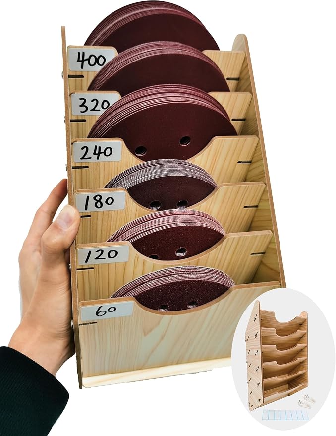 6-Tier Hanging Wooden Sandpaper Storage Holder, Sandpaper Organizer by ZYRELYNX