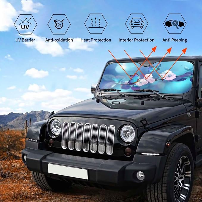 Blue Butterfly Flower Car Windshield Sunshade Front Window Sun Visor Protector - Image 6