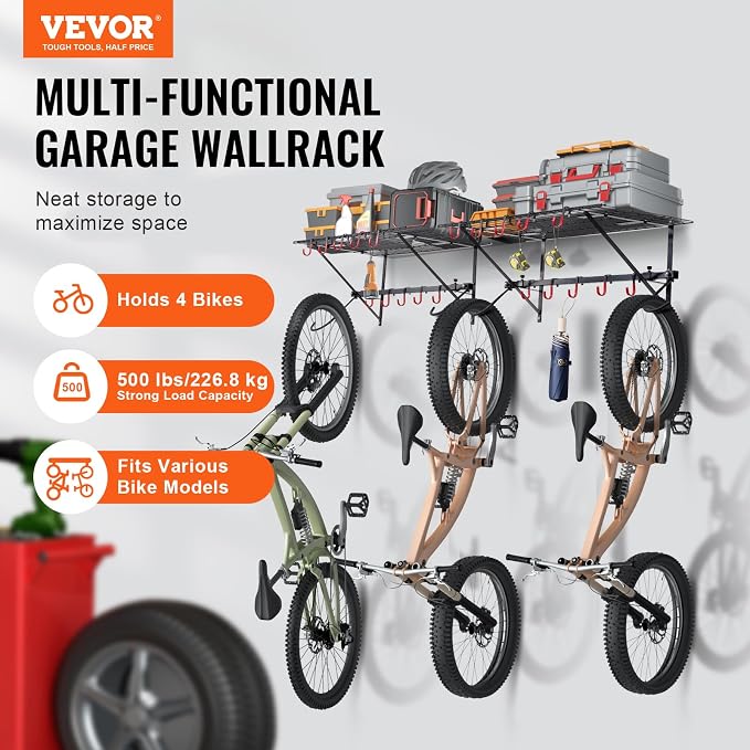 VEVOR Bike Storage Rack, 4 Bike Racks, Wall Mount Bike Storage Hanger - Image 2